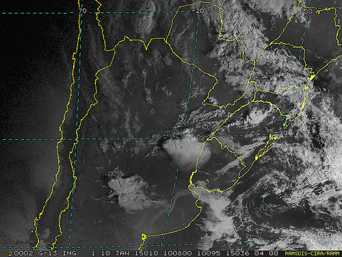 Imagem do satélite GOES 13/NOAA/EUA – Canal do Visível – dia 10/01/2015 – Hora local: 08:10 – Sul do Brasil.