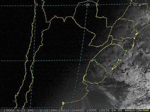 Imagem do satélite GOES 13/NOAA/EUA – Canal do Visível – dia 12/01/2015 – Hora local: 06:45 – Sul do Brasil.