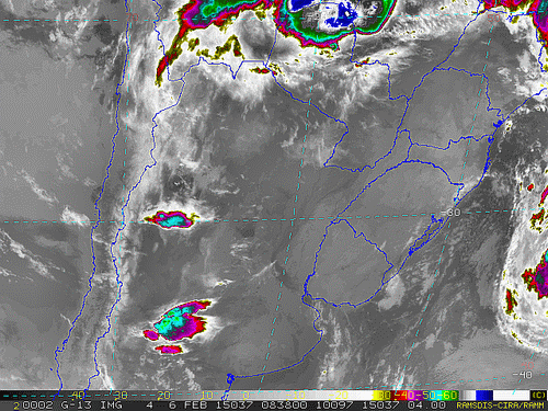 Imagem do satélite GOES 13/NOAA/EUA – Canal do Infravermelho + realce – dia 06/02/2015 – Hora local: 06:40 – Sul do Brasil.