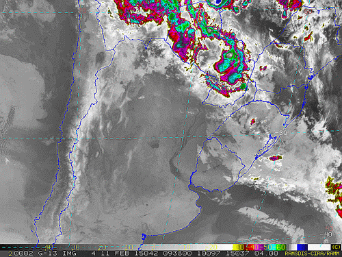 Imagem do satélite GOES 13/NOAA/EUA – Canal do Infravermelho + realce – dia 11/02/2015 – Hora local: 07:40 – Sul do Brasil.