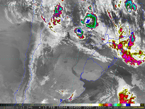 Imagem do satélite GOES 13/NOAA/EUA – Canal do Infravermelho + realce – dia 13/02/2015 – Hora local: 06:45 – Sul do Brasil.