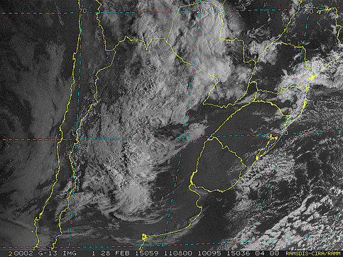 Imagem do satélite GOES 13/NOAA/EUA – Canal do Visível – dia 28/02/2015 – Hora local: 09:10 – Sul do Brasil.