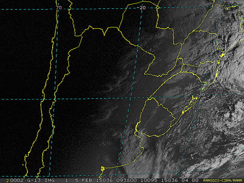 Imagem do satélite GOES 13/NOAA/EUA – Canal do Visível – dia 05/02/2015 – Hora local: 07:40 – Sul do Brasil.