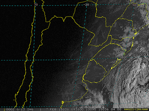Imagem do satélite GOES 13/NOAA/EUA – Canal do Visível – dia 07/02/2015 – Hora local: 07:40 – Sul do Brasil.