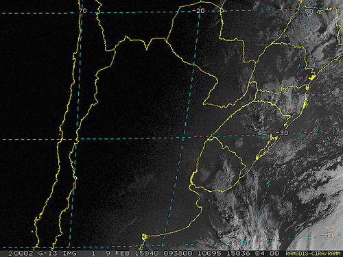 Imagem do satélite GOES 13/NOAA/EUA – Canal do Visível – dia 09/02/2015 – Hora local: 07:40 – Sul do Brasil.