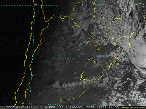 Imagem do satélite GOES 13/NOAA/EUA – Canal do Visível – dia 14/02/2015 – Hora local: 08:10 – Sul do Brasil.