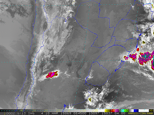 Imagem do satélite GOES 13/NOAA/EUA – Canal do Infravermelho + realce – dia 10/03/2015 – Hora local: 05:45 – Sul do Brasil.