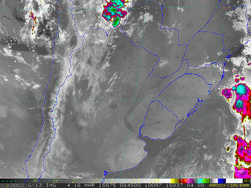 Imagem do satélite GOES 13/NOAA/EUA – Canal do Infravermelho + realce – dia 16/03/2015 – Hora local: 05:45 – Sul do Brasil.