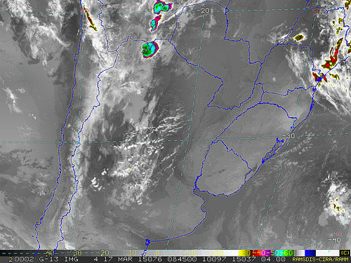 Imagem do satélite GOES 13/NOAA/EUA – Canal do Infravermelho + realce – dia 17/03/2015 – Hora local: 05:45 – Sul do Brasil.