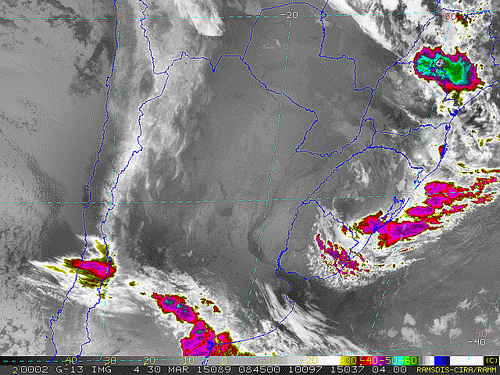 Imagem do satélite GOES 13/NOAA/EUA – Canal do Infravermelho + realce – dia 30/03/2015 – Hora local: 05:45 – Sul do Brasil.
