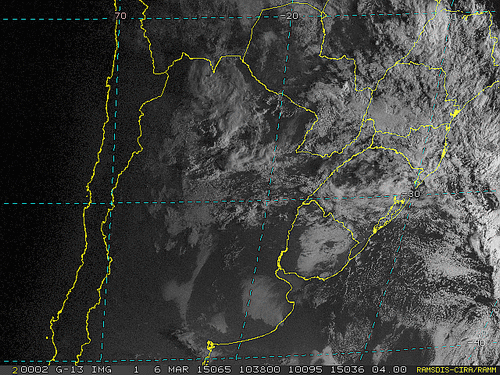 Imagem do satélite GOES 13/NOAA/EUA – Canal do Visível – dia 06/03/2015 – Hora local: 07:40 – Sul do Brasil.
