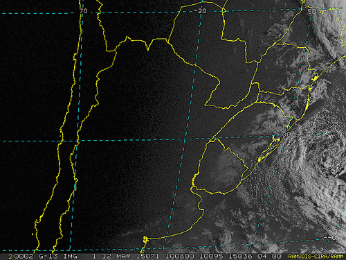 Imagem do satélite GOES 13/NOAA/EUA – Canal do Visível – dia 12/03/2015 – Hora local: 07:10 – Sul do Brasil.