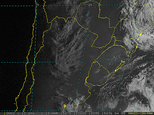 Imagem do satélite GOES 13/NOAA/EUA – Canal do Visível – dia 19/03/2015 – Hora local: 07:40 – Sul do Brasil.