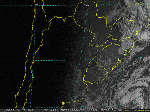 Imagem do satélite GOES 13/NOAA/EUA – Canal do Visível – dia 20/03/2015 – Hora local: 07:10 – Sul do Brasil.