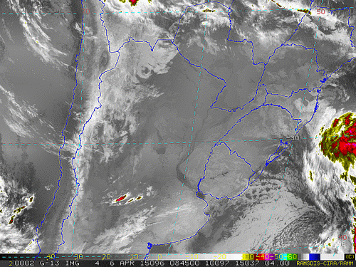 Imagem do satélite GOES 13/NOAA/EUA – Canal do Infravermelho + realce – dia 06/04/2015 – Hora local: 05:45 – Sul do Brasil.