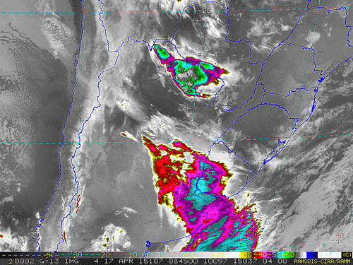 Imagem do satélite GOES 13/NOAA/EUA – Canal do Infravermelho + realce – dia 17/04/2015 – Hora local: 05:45 – Sul do Brasil.