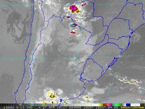 Imagem do satélite GOES 13/NOAA/EUA – Canal do Infravermelho + realce – dia 27/04/2015 – Hora local: 05:45 – Sul do Brasil.
