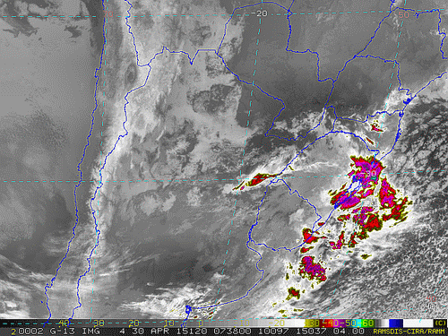 Imagem do satélite GOES 13/NOAA/EUA – Canal do Infravermelho + realce – dia 30/04/2015 – Hora local: 05:40 – Sul do Brasil.