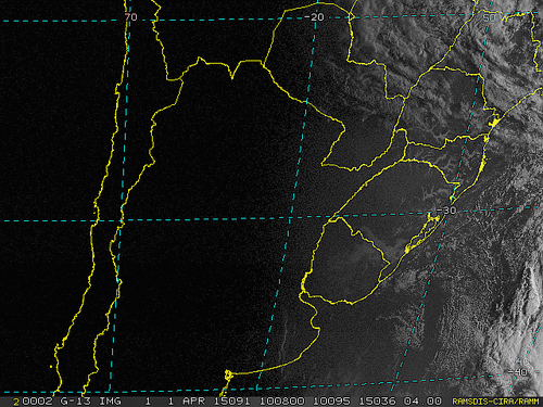 Imagem do satélite GOES 13/NOAA/EUA – Canal do Visível – dia 01/04/2015 – Hora local: 07:10 – Sul do Brasil.