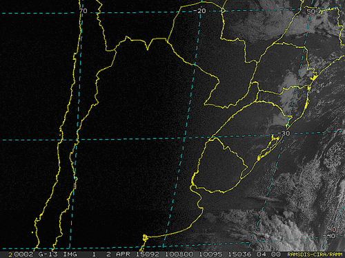 Imagem do satélite GOES 13/NOAA/EUA – Canal do Visível – dia 02/04/2015 – Hora local: 07:10 – Sul do Brasil.