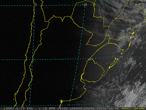 Imagem do satélite GOES 13/NOAA/EUA – Canal do Visível – dia 10/04/2015 – Hora local: 07:10 – Sul do Brasil.
