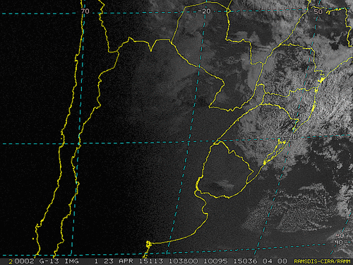 Imagem do satélite GOES 13/NOAA/EUA – Canal do Visível – dia 23/04/2015 – Hora local: 07:40 – Sul do Brasil.