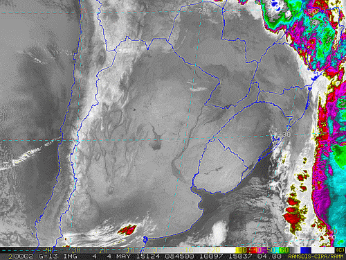 Imagem do satélite GOES 13/NOAA/EUA – Canal do Infravermelho + realce – dia 04/05/2015 – Hora local: 05:45 – Sul do Brasil.
