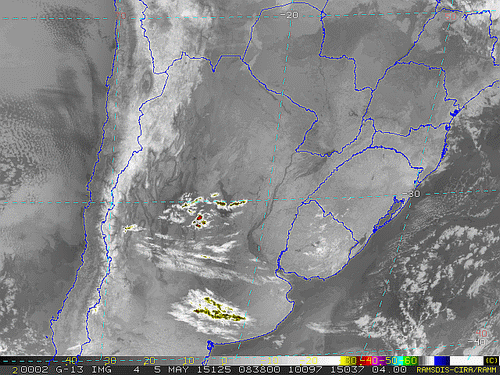 Imagem do satélite GOES 13/NOAA/EUA – Canal do Infravermelho + realce – dia 05/05/2015 – Hora local: 05:40 – Sul do Brasil.