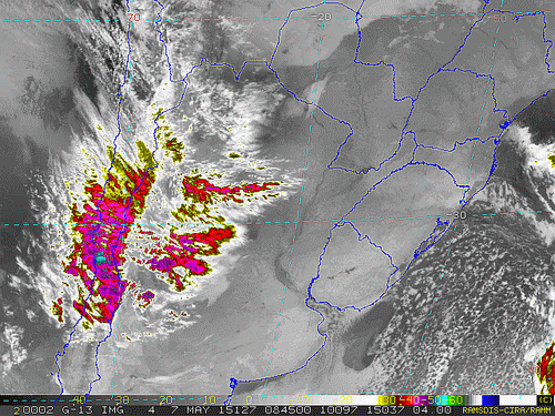 Imagem do satélite GOES 13/NOAA/EUA – Canal do Infravermelho + realce – dia 07/05/2015 – Hora local: 05:45 – Sul do Brasil.