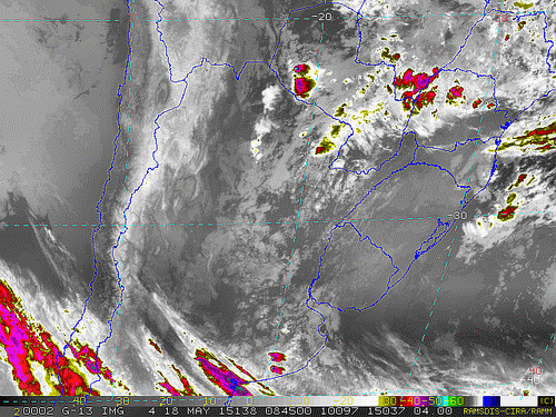 Imagem do satélite GOES 13/NOAA/EUA – Canal do Infravermelho + realce – dia 18/05/2015 – Hora local: 05:45 – Sul do Brasil.