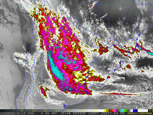 Imagem do satélite GOES 13/NOAA/EUA – Canal do Infravermelho + realce – dia 26/05/2015 – Hora local: 06:40 – Sul do Brasil.