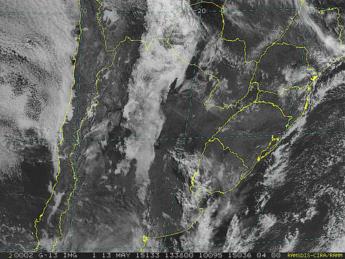 Imagem do satélite GOES 13/NOAA/EUA – Canal do Visível – dia 13/05/2015 – Hora local: 10:40 – Sul do Brasil.