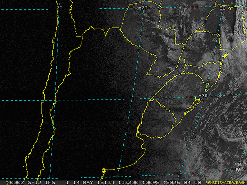 Imagem do satélite GOES 13/NOAA/EUA – Canal do Visível – dia 14/05/2015 – Hora local: 07:40 – Sul do Brasil.