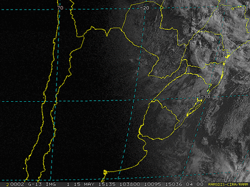Imagem do satélite GOES 13/NOAA/EUA – Canal do Visível – dia 15/05/2015 – Hora local: 07:40 – Sul do Brasil.