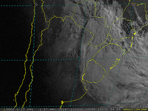 Imagem do satélite GOES 13/NOAA/EUA – Canal do Visível – dia 27/05/2015 – Hora local: 08:10 – Sul do Brasil.