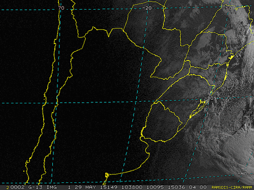 Imagem do satélite GOES 13/NOAA/EUA – Canal do Visível – dia 29/05/2015 – Hora local: 06:40 – Sul do Brasil.