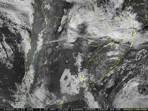 Imagem do satélite GOES 13/NOAA/EUA – Canal do Visível – dia 30/05/2015 – Hora local: 11:45 – Sul do Brasil. 