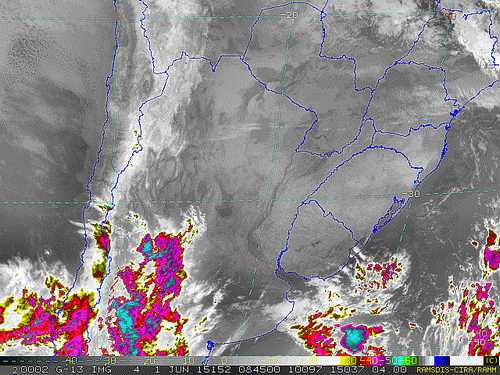 Imagem do satélite GOES 13/NOAA/EUA – Canal do Infravermelho + realce – dia 01/06/2015 – Hora local: 05:45 – Sul do Brasil.