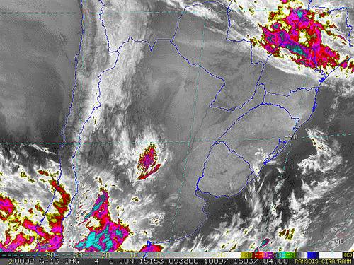 Imagem do satélite GOES 13/NOAA/EUA – Canal do Infravermelho + realce – dia 02/06/2015 – Hora local: 06:40 – Sul do Brasil.