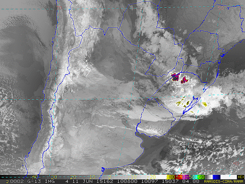 Imagem do satélite GOES 13/NOAA/EUA – Canal do Infravermelho + realce – dia 11/06/2015 – Hora local: 07:10 – Sul do Brasil.