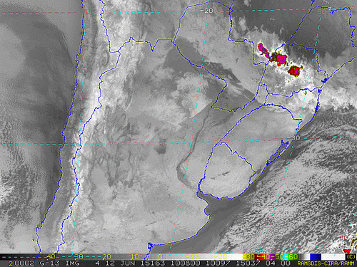Imagem do satélite GOES 13/NOAA/EUA – Canal do Infravermelho + realce – dia 12/06/2015 – Hora local: 07:10 – Sul do Brasil.