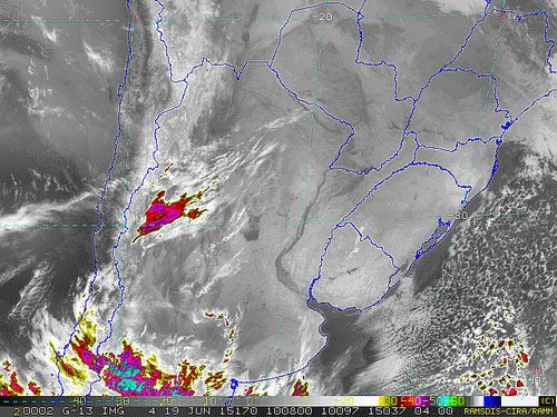Imagem do satélite GOES 13/NOAA/EUA – Canal do Infravermelho + realce – dia 19/06/2015 – Hora local: 07:10 – Sul do Brasil.