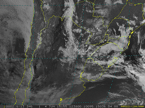 Imagem do satélite GOES 13/NOAA/EUA – Canal do Visível – dia 04/06/2015 – Hora local: 09:40 – Sul do Brasil.