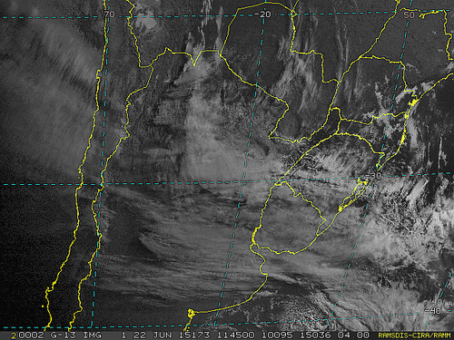 Imagem do satélite GOES 13/NOAA/EUA – Canal do Visível – dia 22/06/2015 – Hora local: 08:45 – Sul do Brasil.