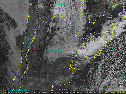 Imagem do satélite GOES 13/NOAA/EUA – Canal do Visível – dia 24/06/2015 – Hora local: 09:40 – Sul do Brasil.