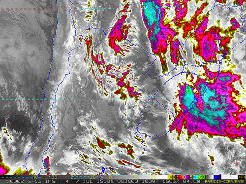 Imagem do satélite GOES 13/NOAA/EUA – Canal do Infravermelho + realce – dia 07/07/2015 – Hora local: 05:40 – Sul do Brasil.