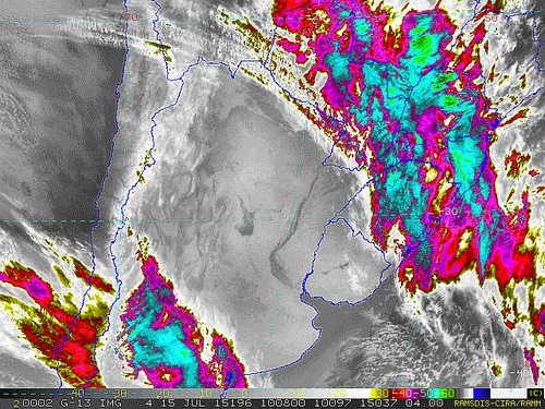 Imagem do satélite GOES 13/NOAA/EUA – Canal do Infravermelho + realce – dia 15/07/2015 – Hora local: 07:10 – Sul do Brasil.