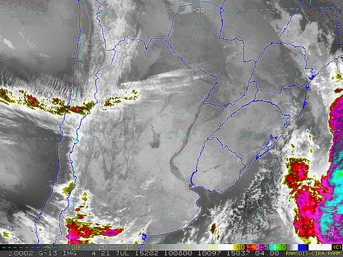 Imagem do satélite GOES 13/NOAA/EUA – Canal do Infravermelho + realce – dia 21/07/2015 – Hora local: 07:10 – Sul do Brasil.