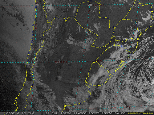 Imagem do satélite GOES 13/NOAA/EUA – Canal do Visível – dia 27/07/2015 – Hora local: 08:45 – Sul do Brasil.