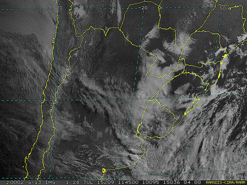 Imagem do satélite GOES 13/NOAA/EUA – Canal do Visível – dia 28/07/2015 – Hora local: 08:45 – Sul do Brasil.